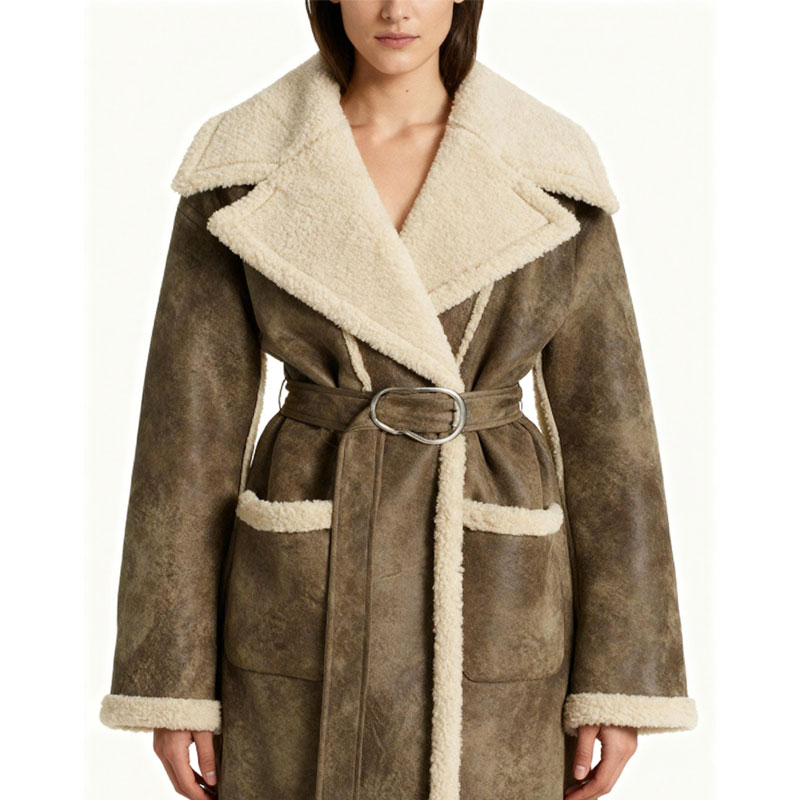 Long Belted Shearling Coat with Real Sheep Fur Trim – Olive Grey — image 5
