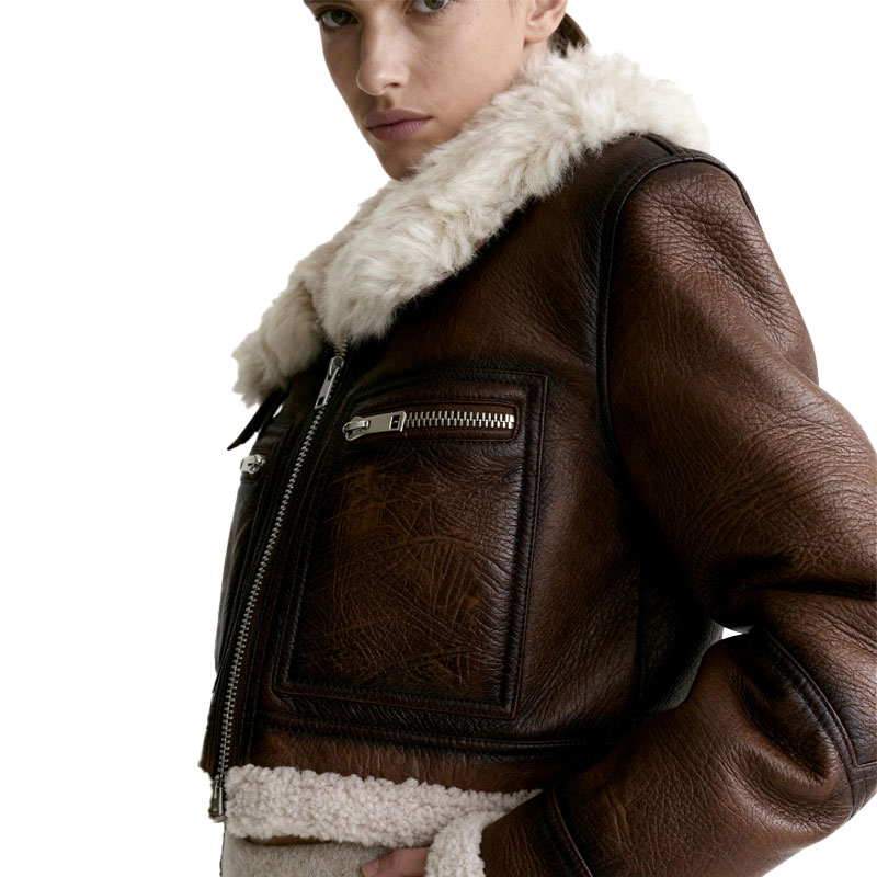 Aviator-Inspired Cropped Shearling Jacket – Real Sheep Fur Collar — image 5