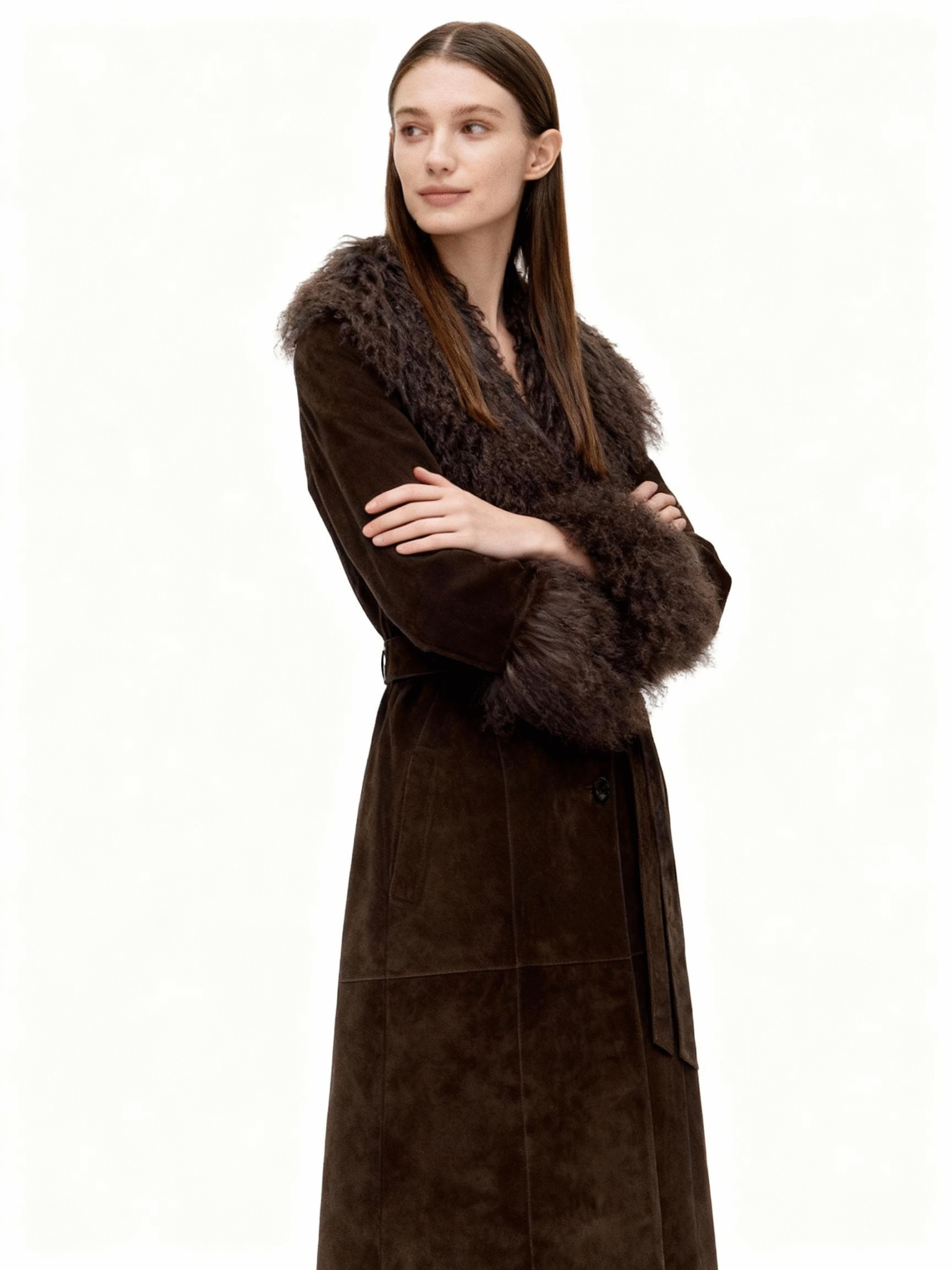 Suede Trench Coat with Real Fox Fur Trim — image 3