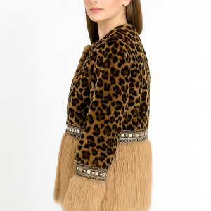 Leopard Print Fur Coat with Embellished Trim and Beige Panels — image 2