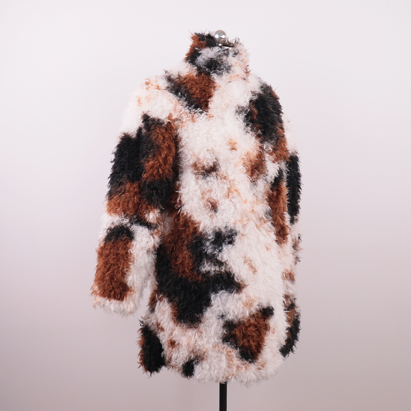 Multicolor Curly Faux Fur Jacket – Abstract Patchwork Texture — image 3