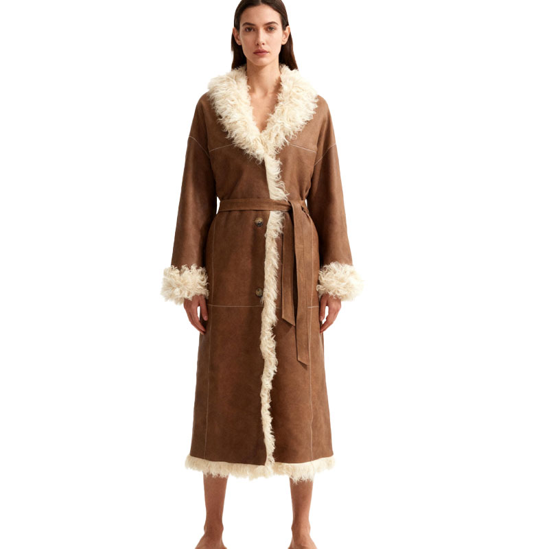 Long Shearling Robe Coat with Real Sheep Fur Trim — image 2