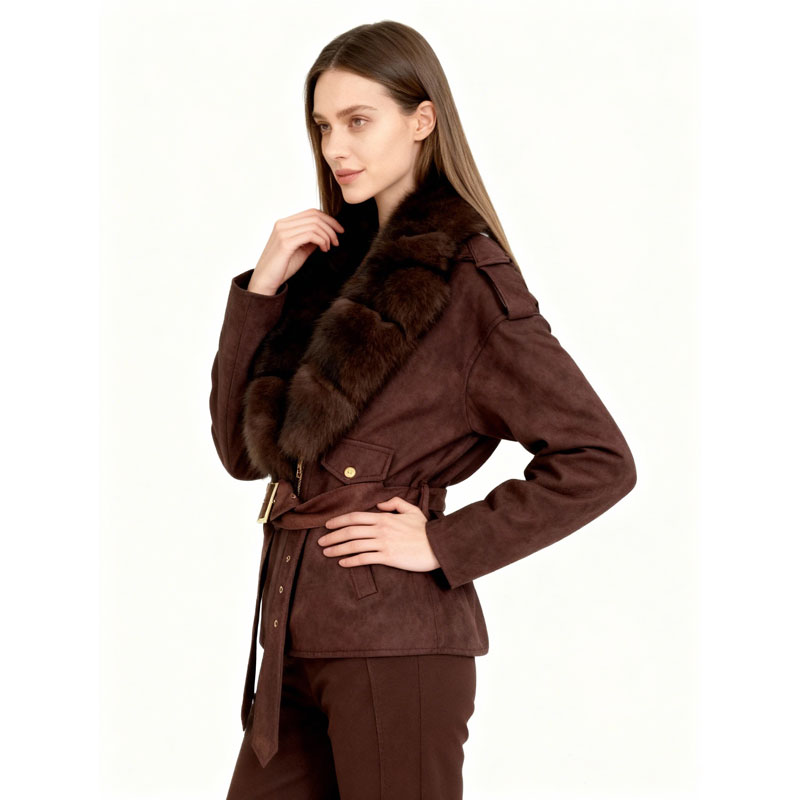Suede Trench Coat with Real Fox Fur Trim — image 2