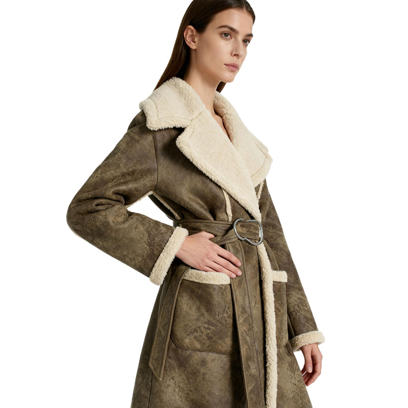 Long Belted Shearling Coat with Real Sheep Fur Trim – Olive Grey — image 4