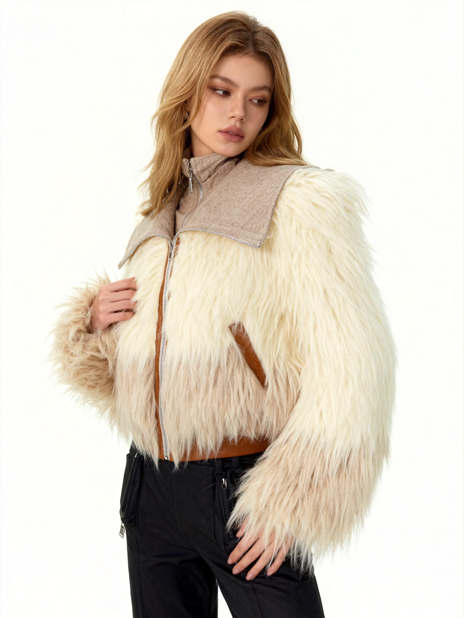 Long Hair Faux Fur Gradient Jacket with Contrast Collar Detail