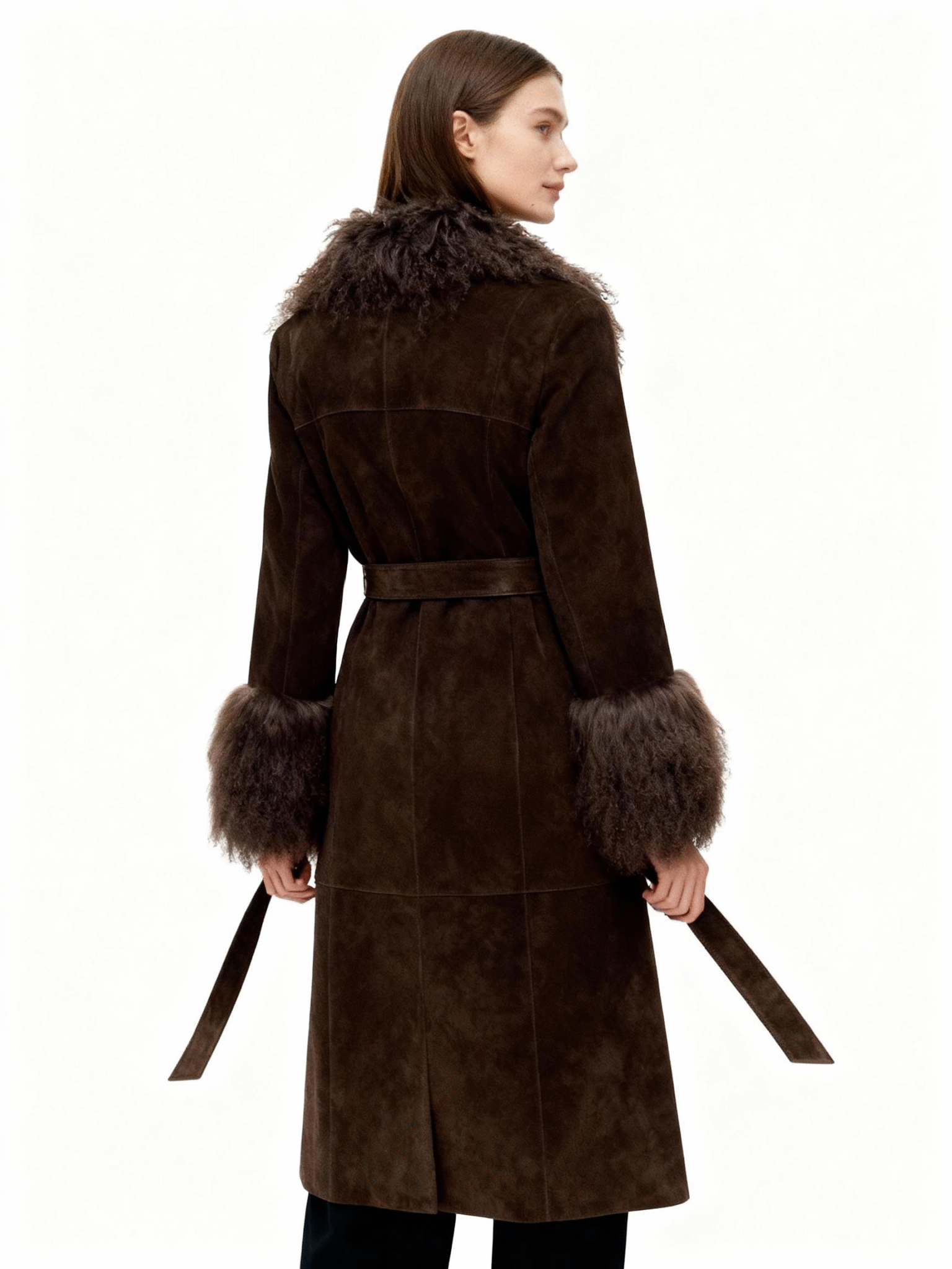 Suede Trench Coat with Real Fox Fur Trim — image 5