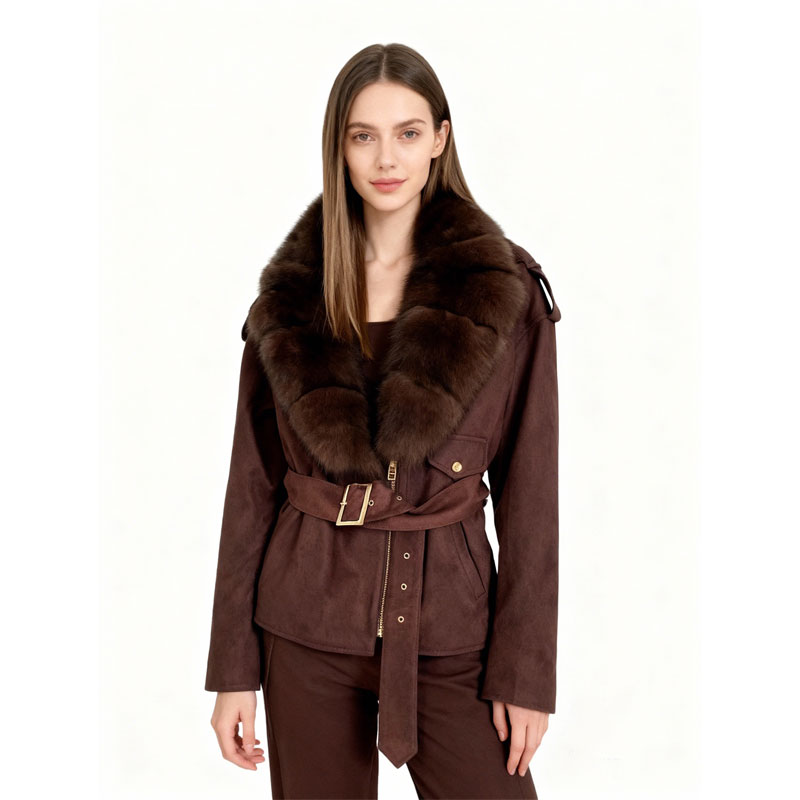 Suede Trench Coat with Real Fox Fur Trim — image 3