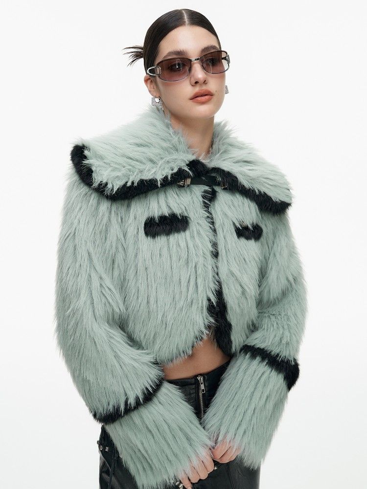 KOL Cropped Faux Fur Jacket with Contrast Trim – Ice Green