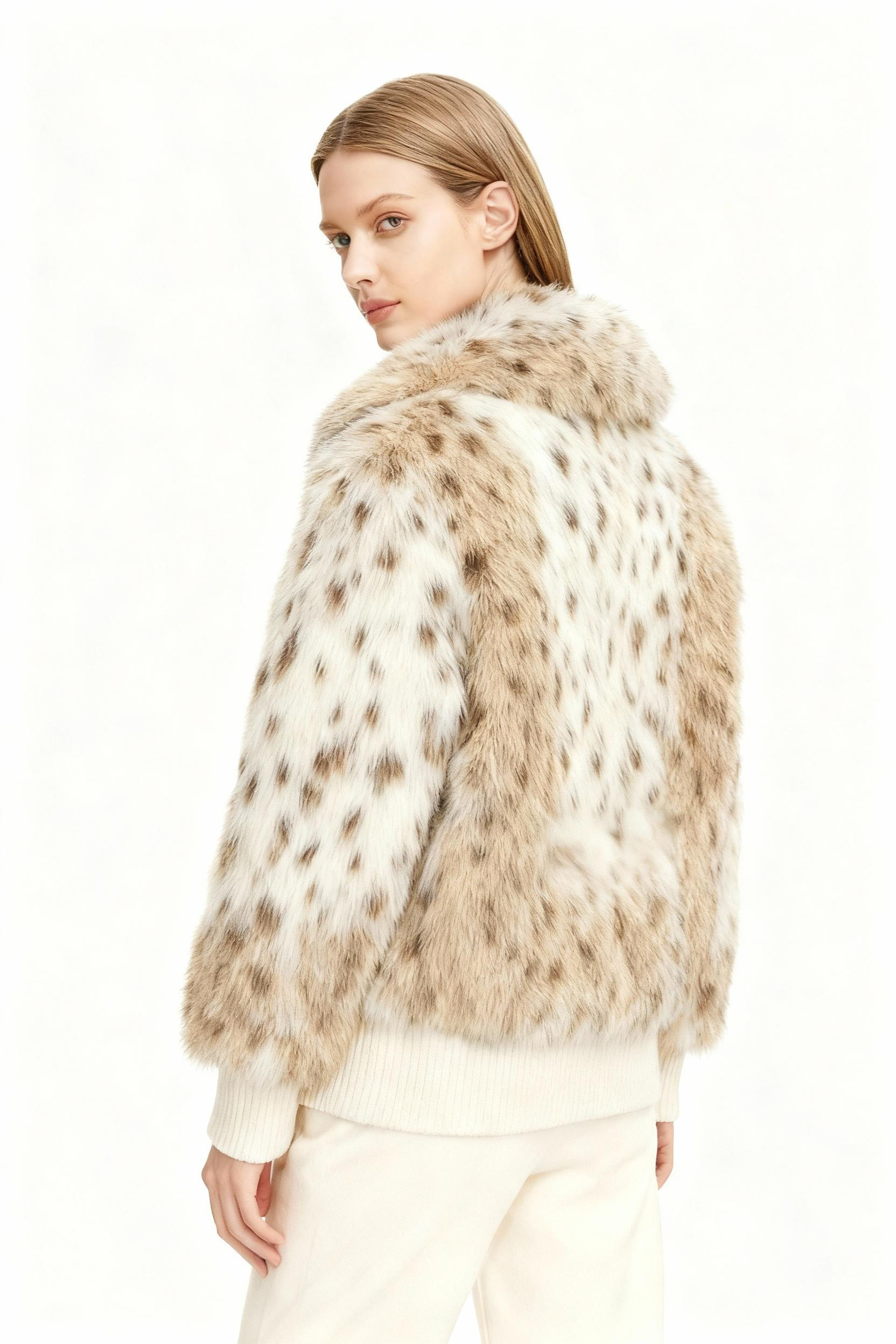 Spotted Faux Fur Bomber Jacket with Ribbed Knit Trim — image 4