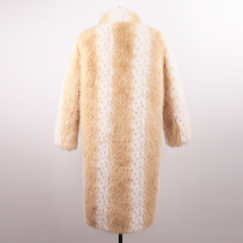 Striped Beige & White Long Faux Fur Coat — image 2