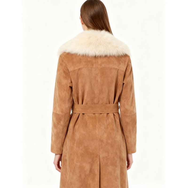 Long Suede Belted Coat with Luxe Fur Collar — image 4