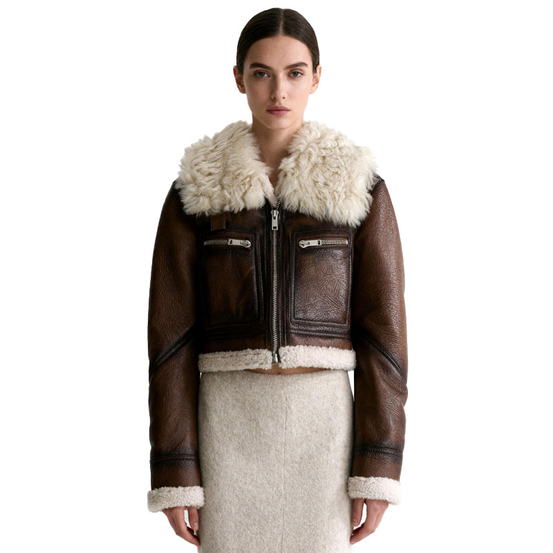 Aviator-Inspired Cropped Shearling Jacket – Real Sheep Fur Collar — image 2
