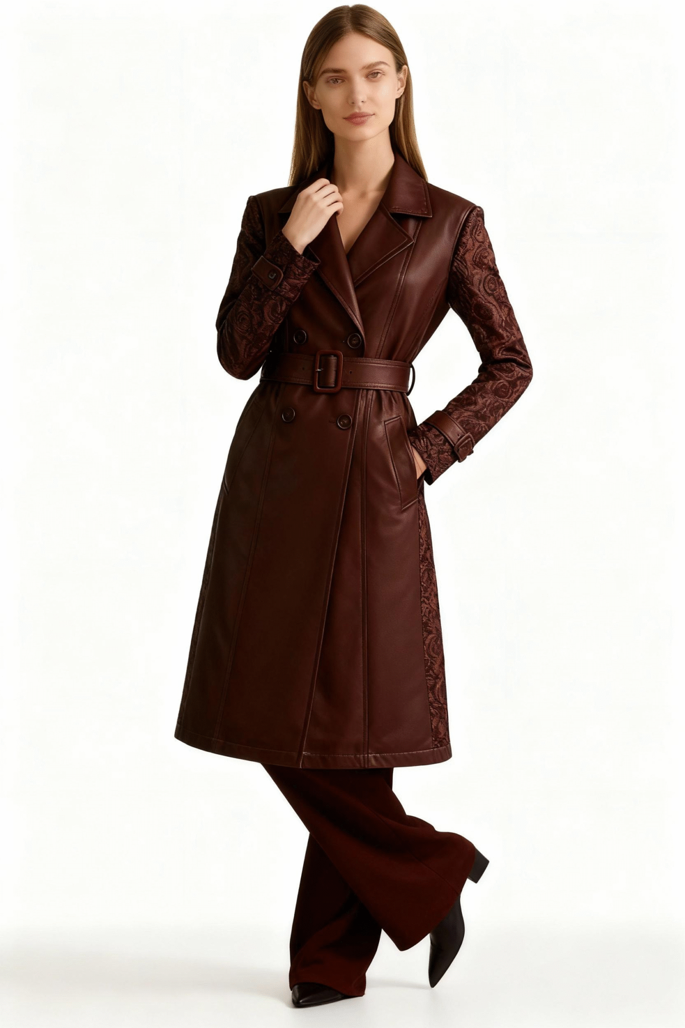 Vegan Leather Trench Coat with Floral Lace Sleeves – Elegant Sustainable Statement — image 4