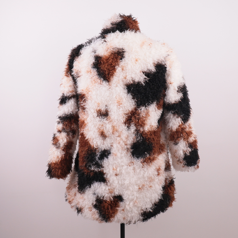 Multicolor Curly Faux Fur Jacket – Abstract Patchwork Texture — image 4