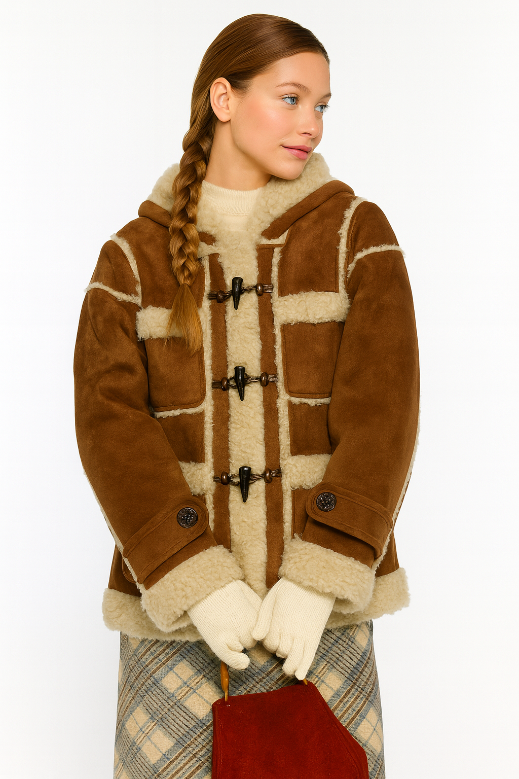 Y2K Toggle Shearling Coat with Hood – Brown & Cream Fur Jacket