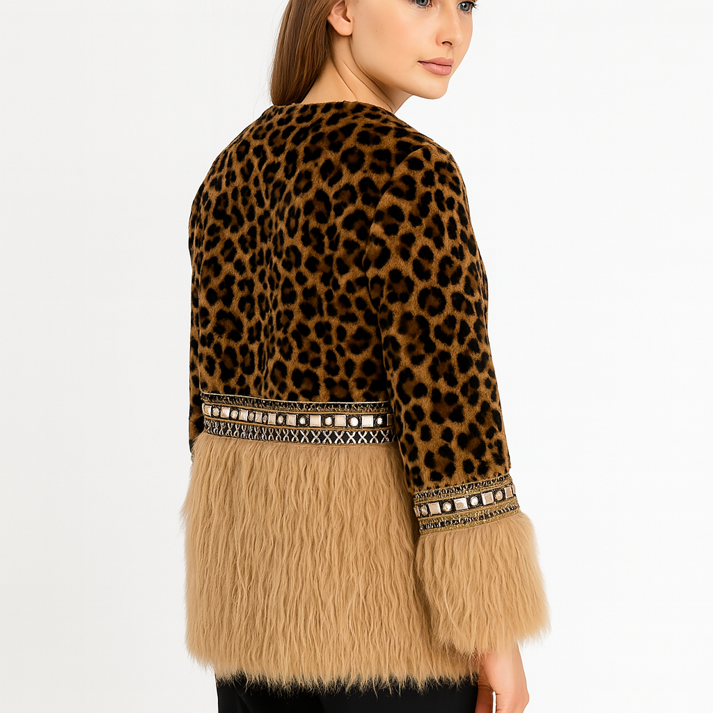 Leopard Print Fur Coat with Embellished Trim and Beige Panels — image 4