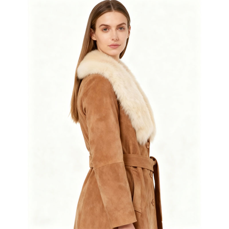 Long Suede Belted Coat with Luxe Fur Collar — image 3