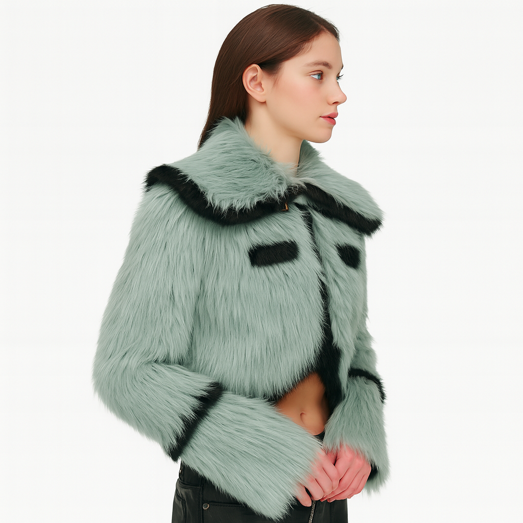 KOL Cropped Faux Fur Jacket with Contrast Trim – Ice Green — image 3