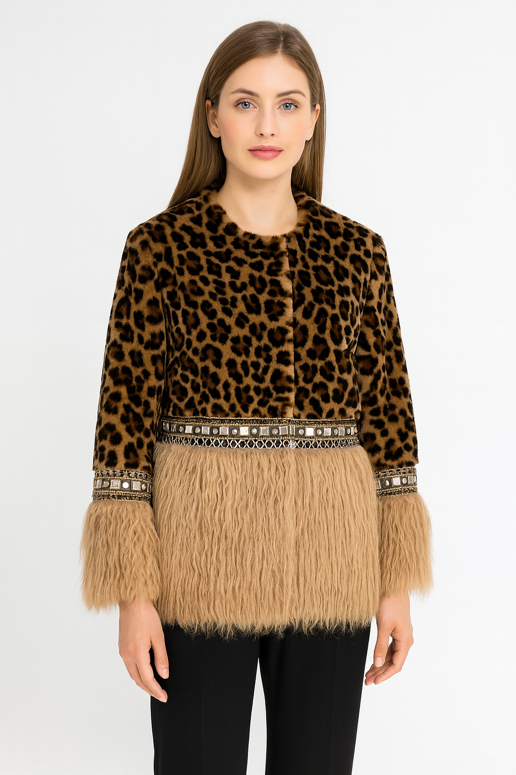 Leopard Print Fur Coat with Embellished Trim and Beige Panels