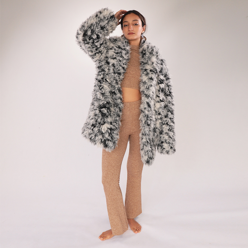 Faux Wool Textured Statement Coat – Monochrome Fluff