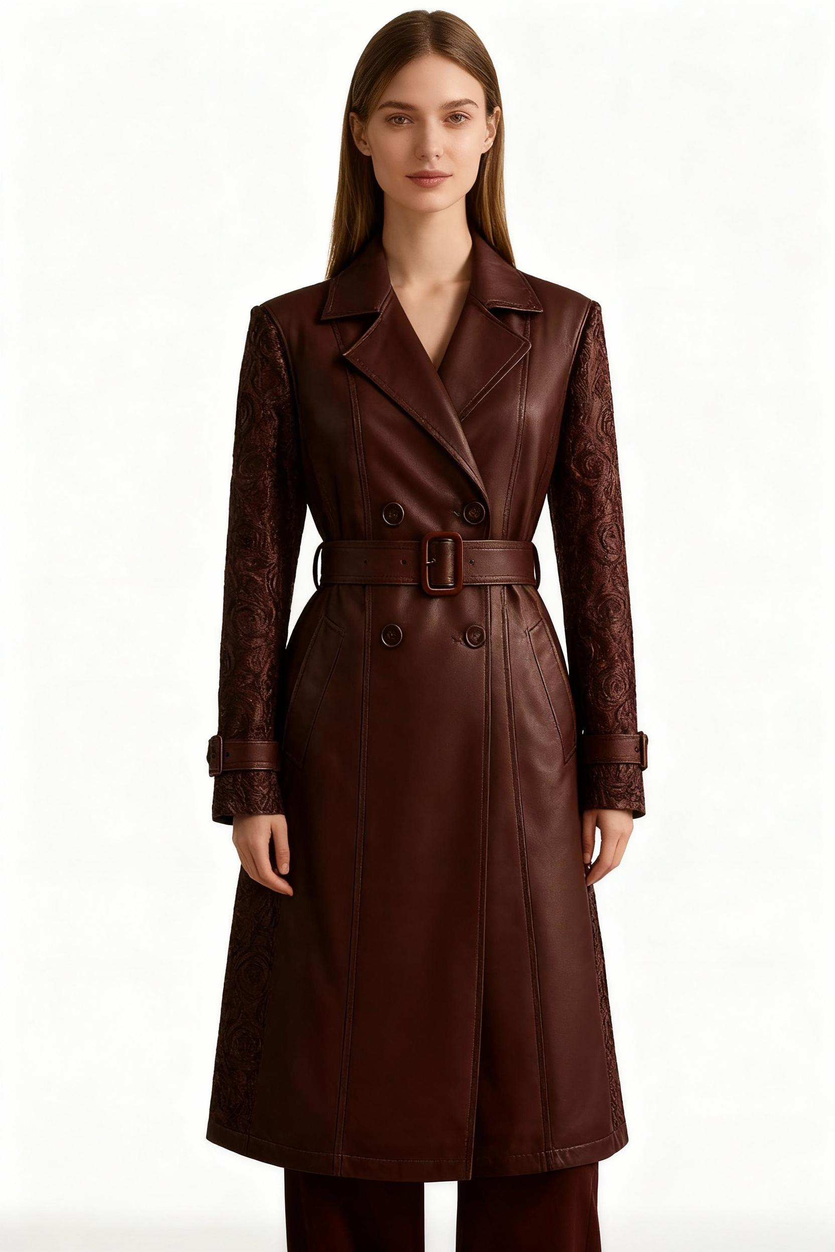Vegan Leather Trench Coat with Floral Lace Sleeves – Elegant Sustainable Statement