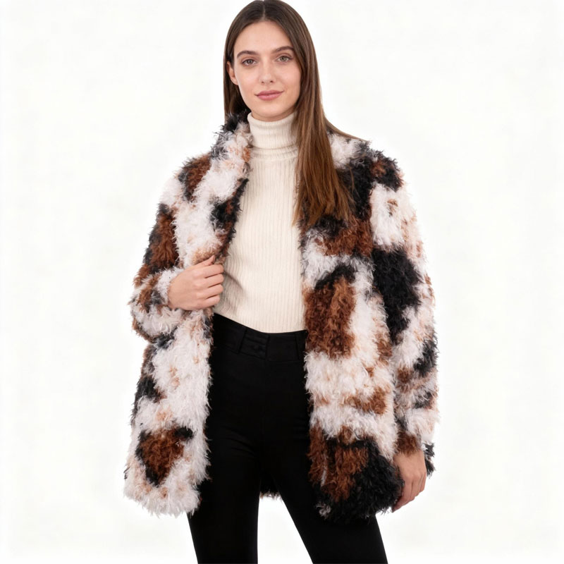 Multicolor Curly Faux Fur Jacket – Abstract Patchwork Texture