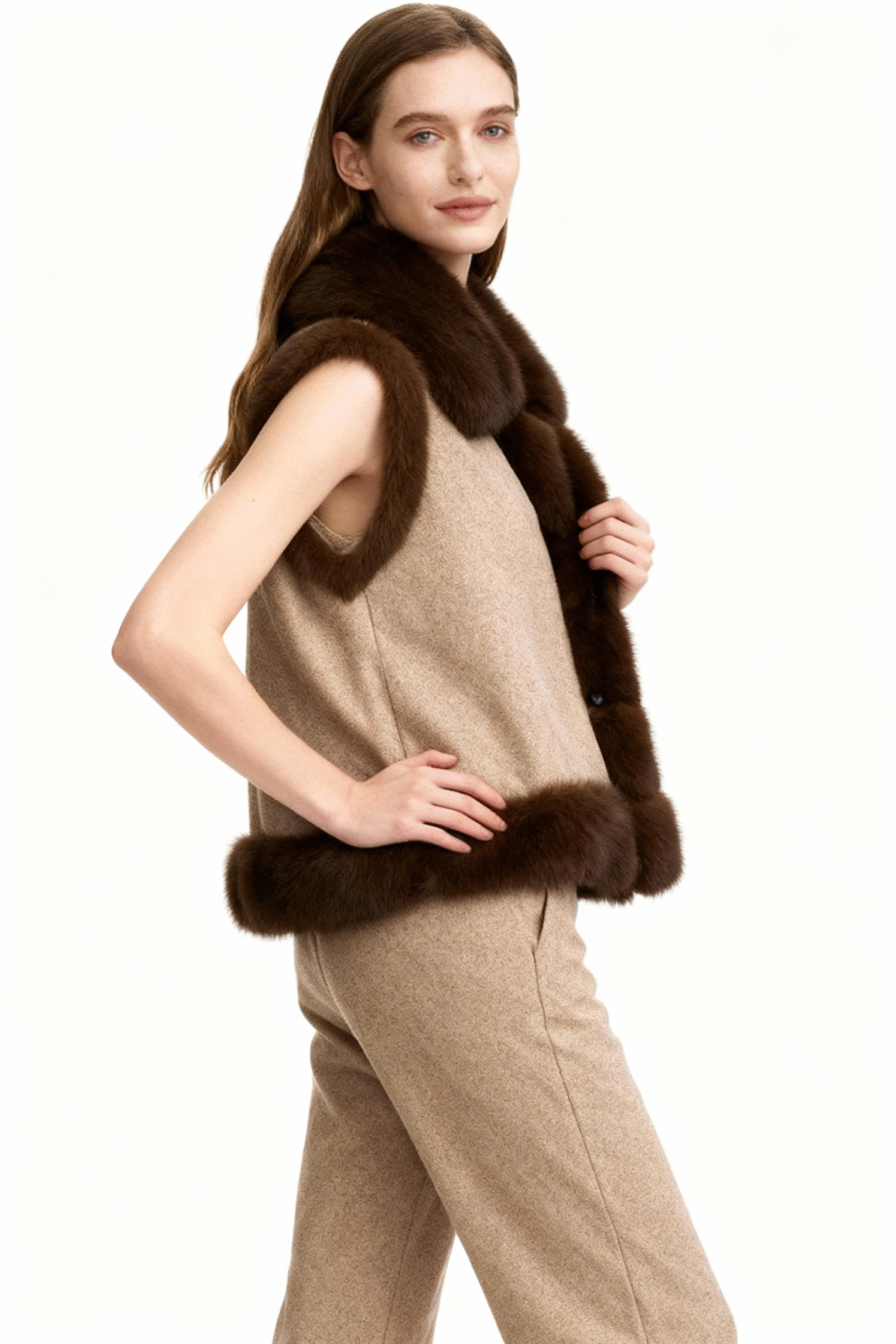 Suede Fabric Vest with Dark Faux Fur Trim – Luxe Layering Piece