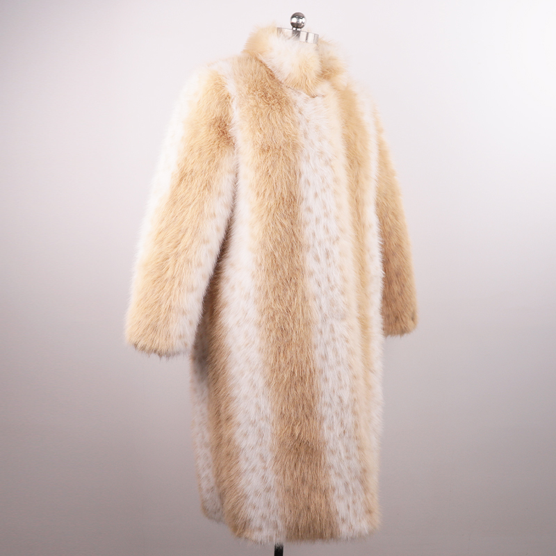 Striped Beige & White Long Faux Fur Coat — image 4