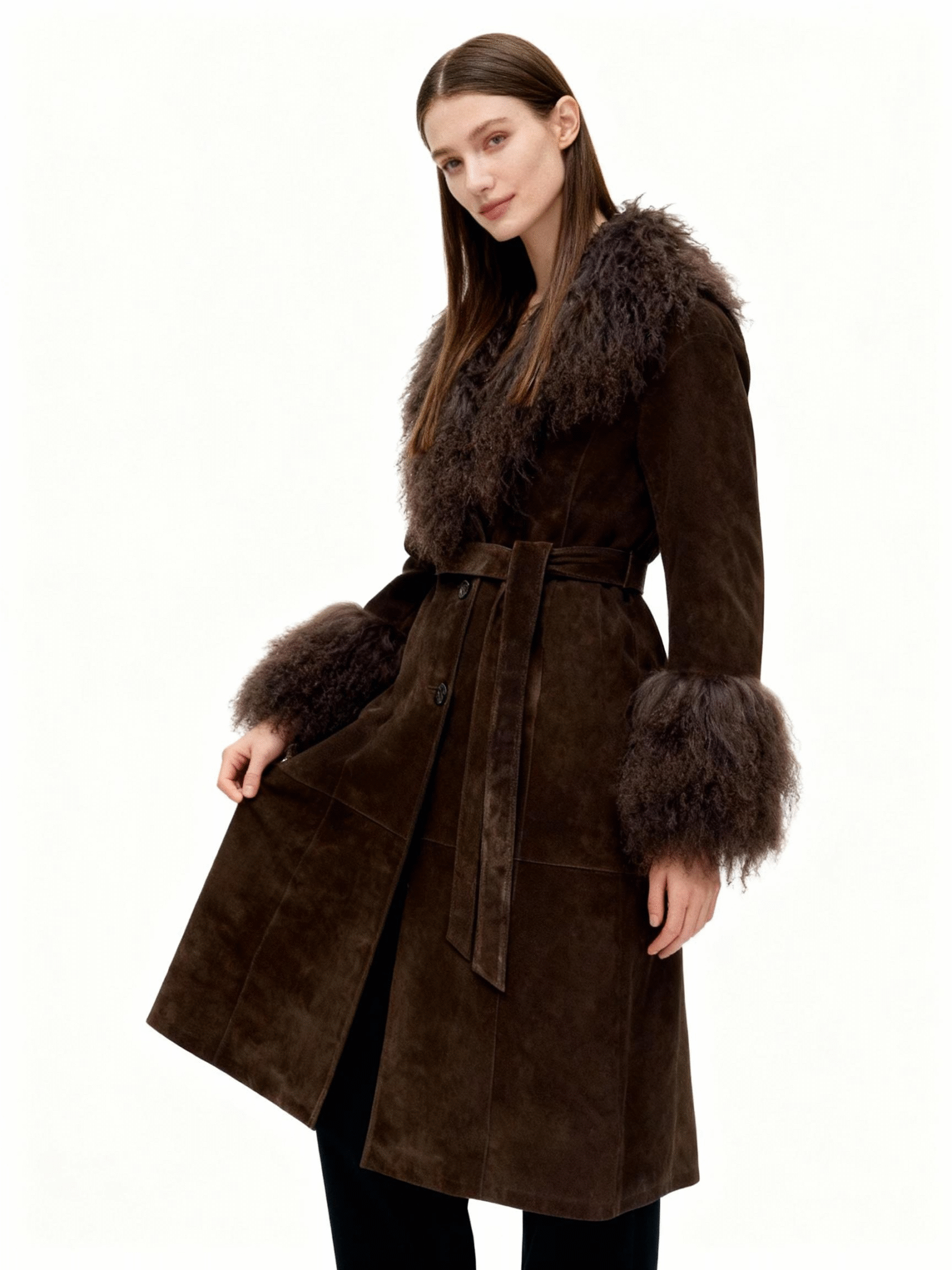 Suede Trench Coat with Real Fox Fur Trim — image 4