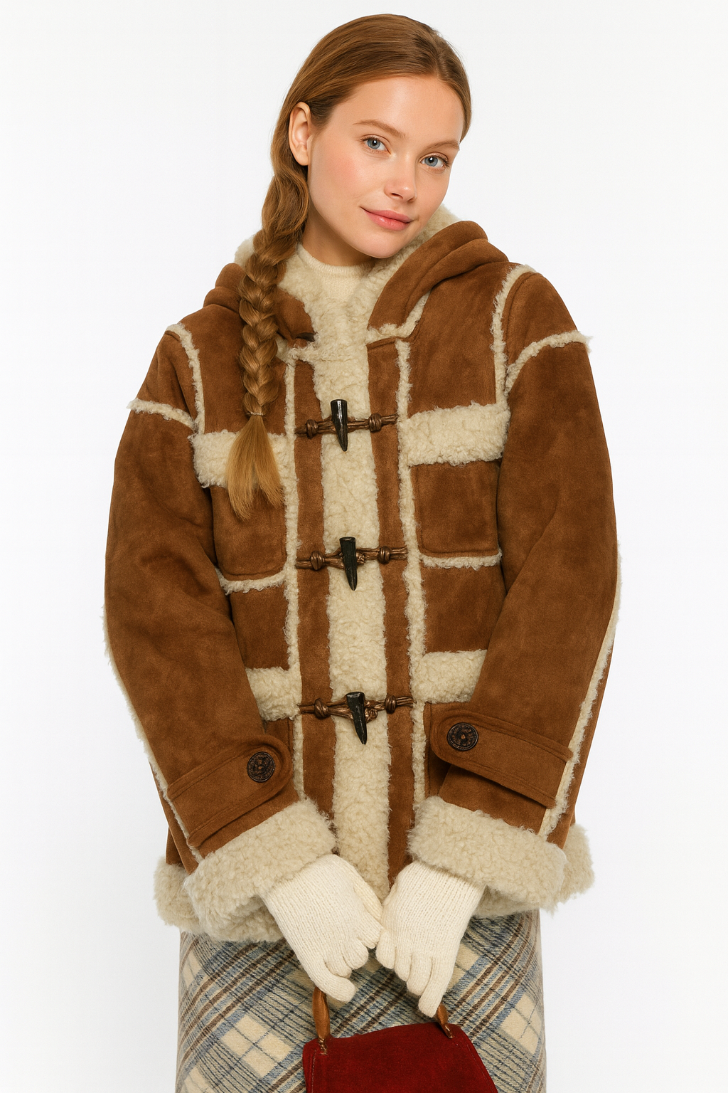 Y2K Toggle Shearling Coat with Hood – Brown & Cream Fur Jacket — image 2