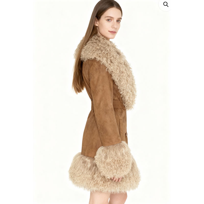 Vintage-Style Suede Trench with Real Sheep Fur Trim — image 3