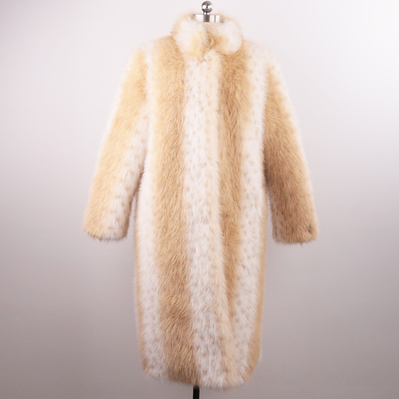Striped Beige & White Long Faux Fur Coat — image 3