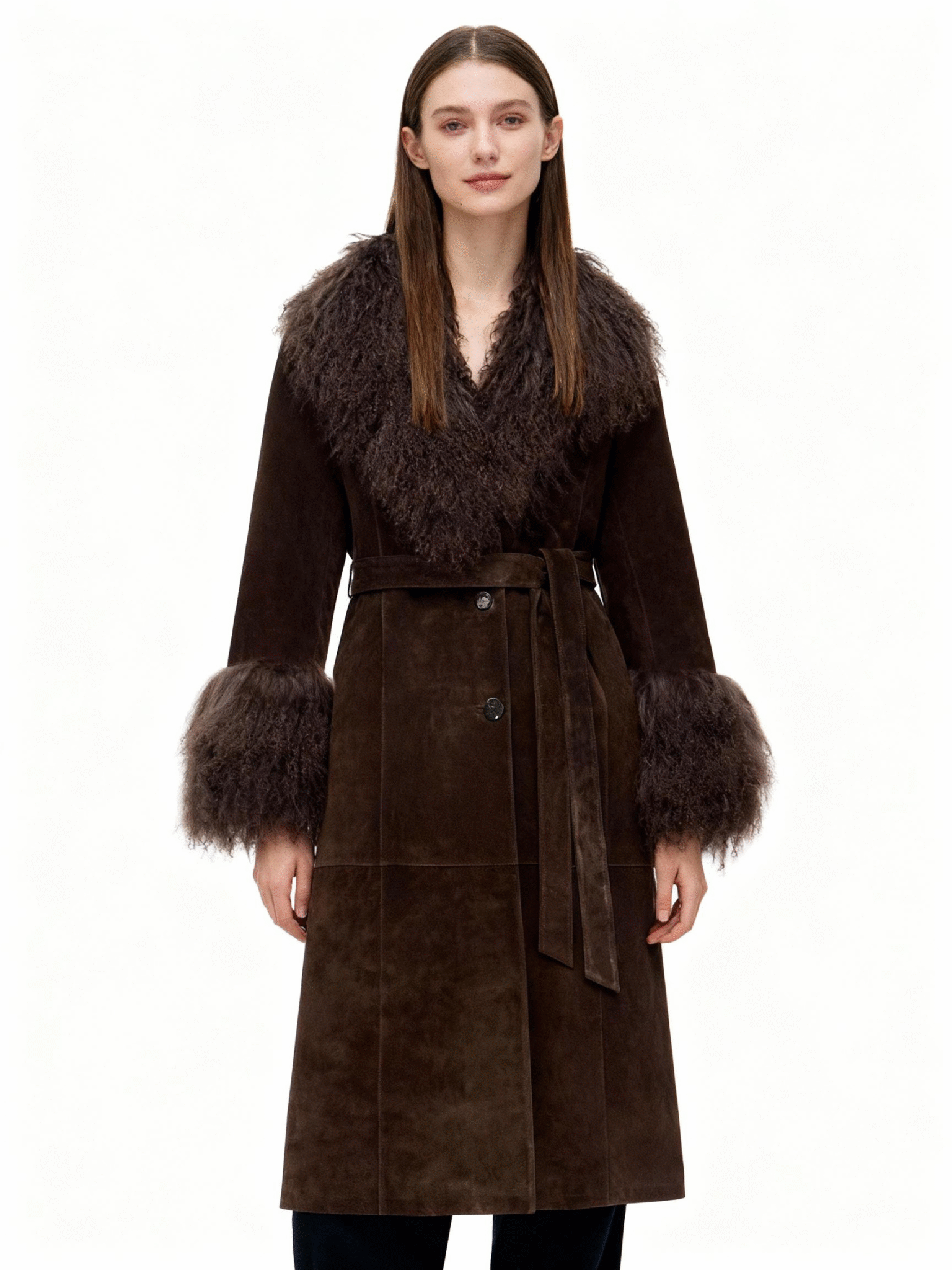 Suede Trench Coat with Real Fox Fur Trim — image 2