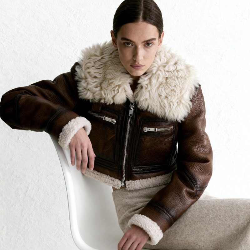 Aviator-Inspired Cropped Shearling Jacket – Real Sheep Fur Collar — image 4