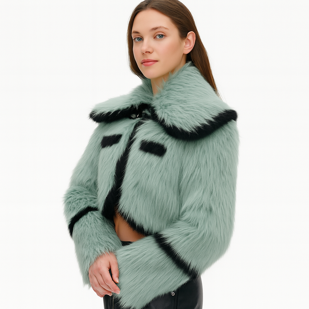 KOL Cropped Faux Fur Jacket with Contrast Trim – Ice Green — image 2