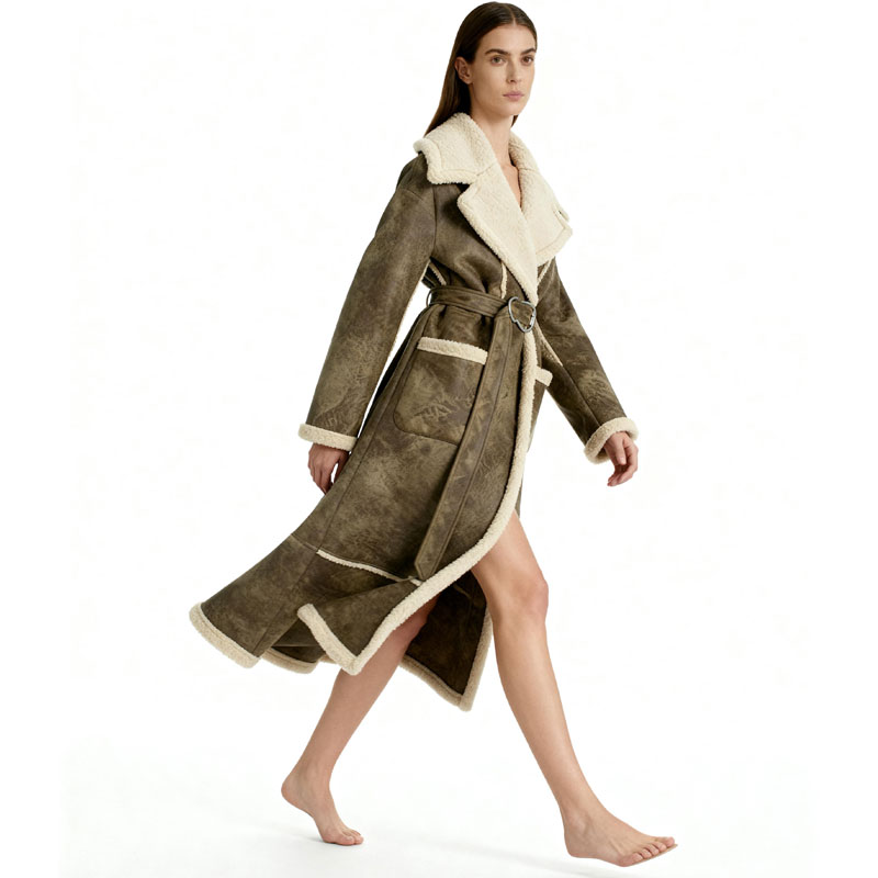 Long Belted Shearling Coat with Real Sheep Fur Trim – Olive Grey — image 3