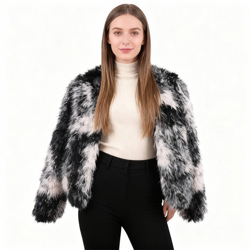 Monochrome Faux Fur Jacket – Abstract High-Pile Texture — image 2