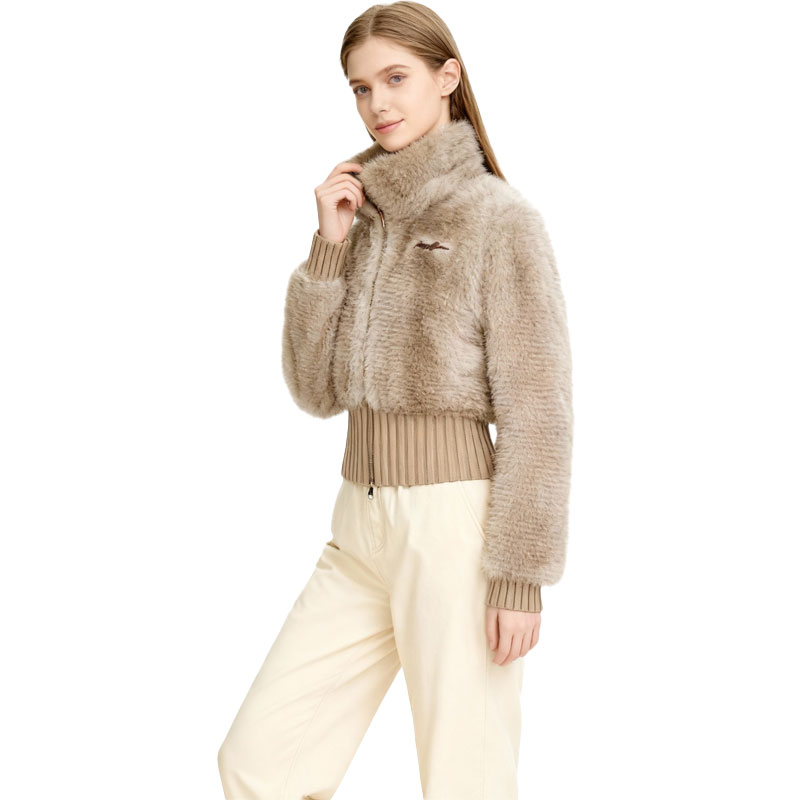 Taupe Faux Fur Knit Bomber Jacket with Ribbed Hem — image 2