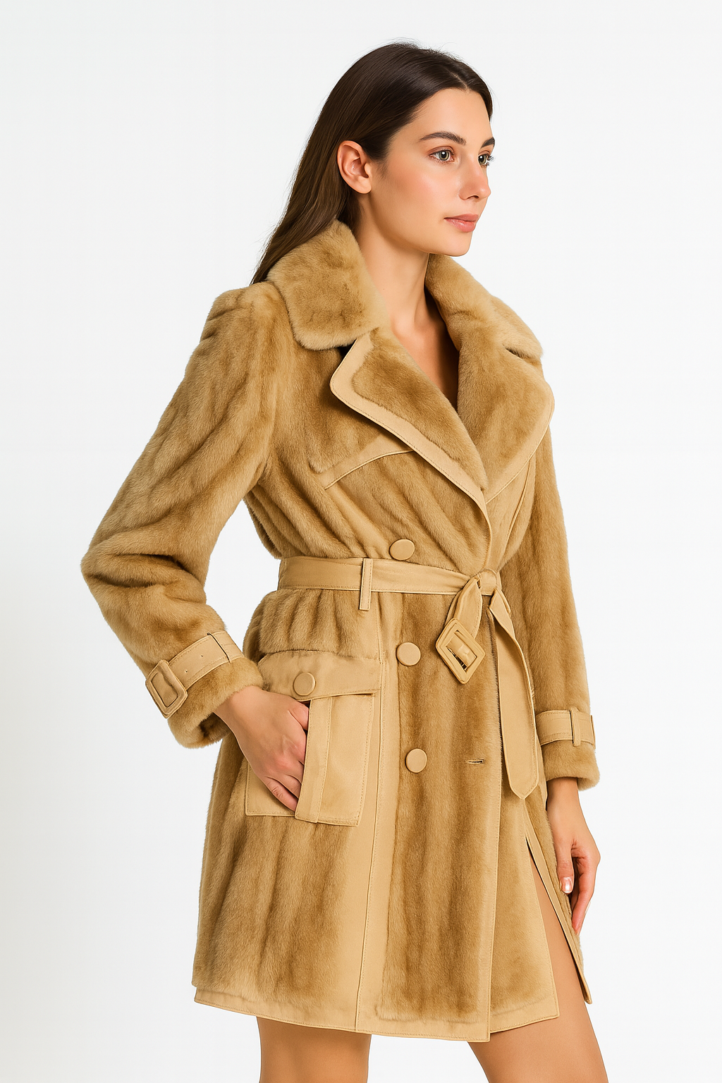 Camel Faux Fur Belted Trench Coat Office Lady OutWear — image 2