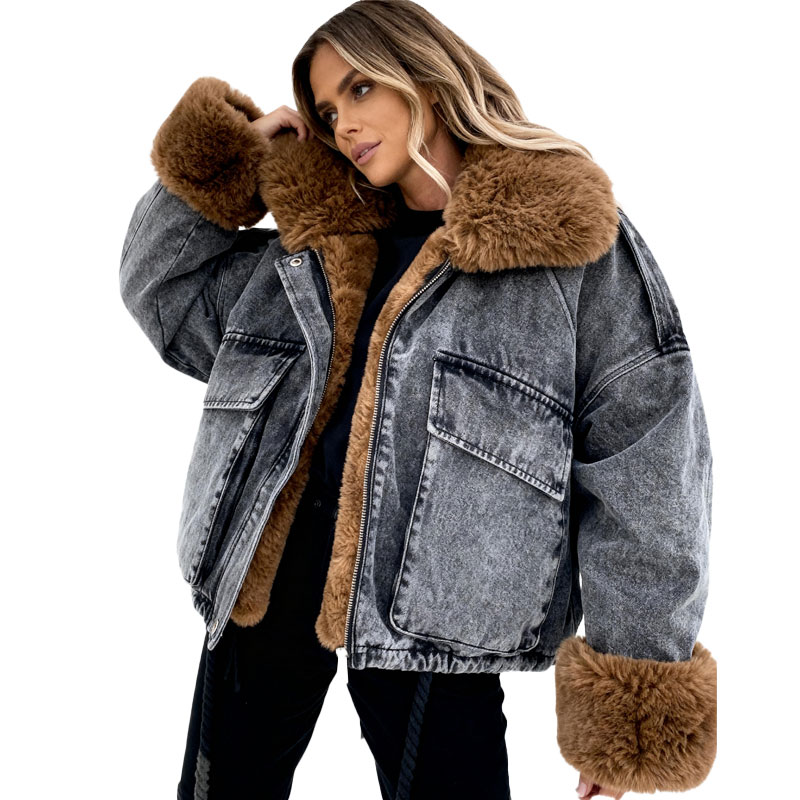 Washed Black Denim Parka with Plush Brown Faux Fur — image 3