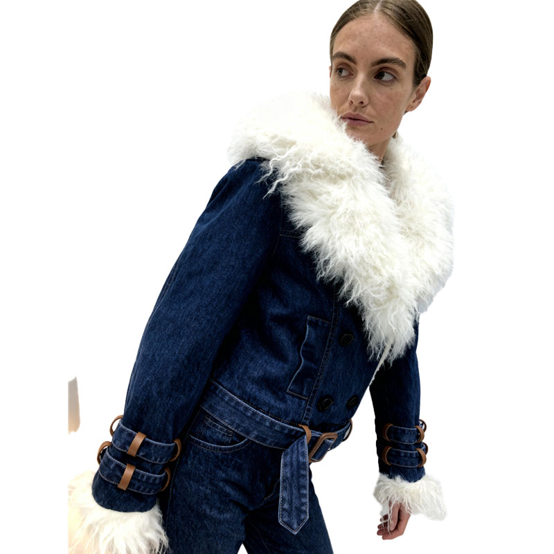 Cropped Denim Aviator Jacket with Luxe White Faux Fur Trim — image 3