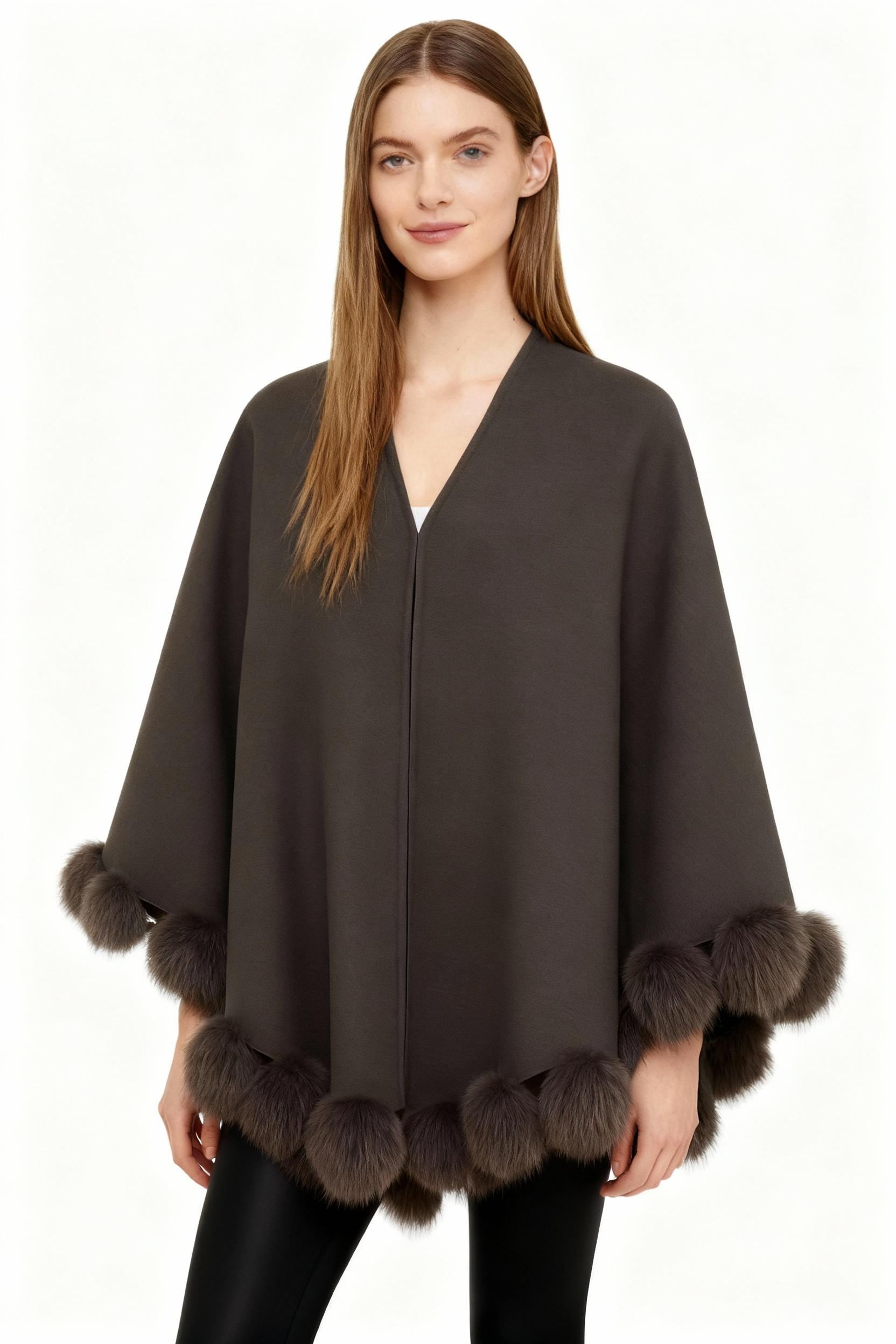 Wool Cloak Shawl with Real Fox Fur Pom-Poms