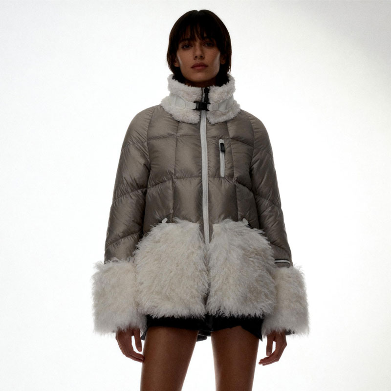 Taupe Down Jacket with White Shearling Trim