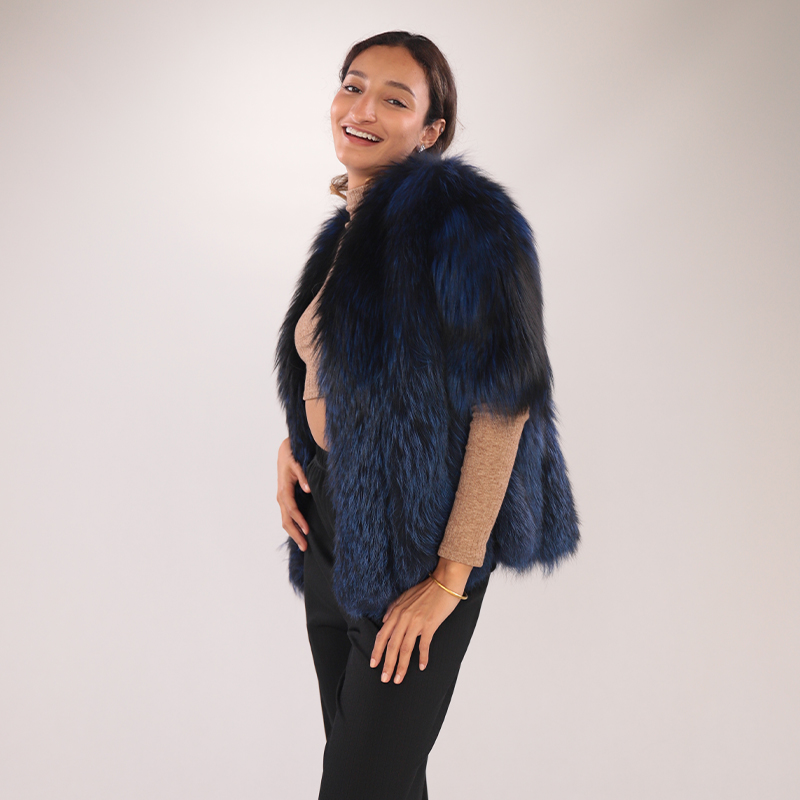 Elegant Navy Blue Real Fox Fur Coat – Short Style — image 3