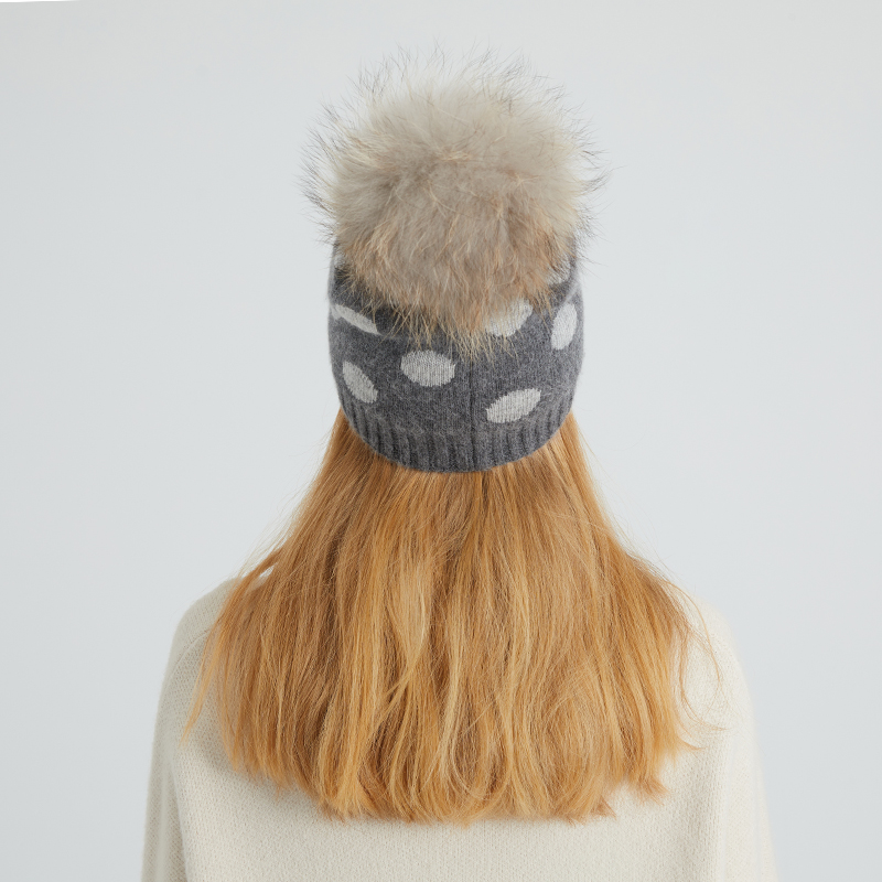 Angora Polka Dot Knit Beanie with Real Raccoon Fur Pom – Whimsy Meets Warmth — image 4