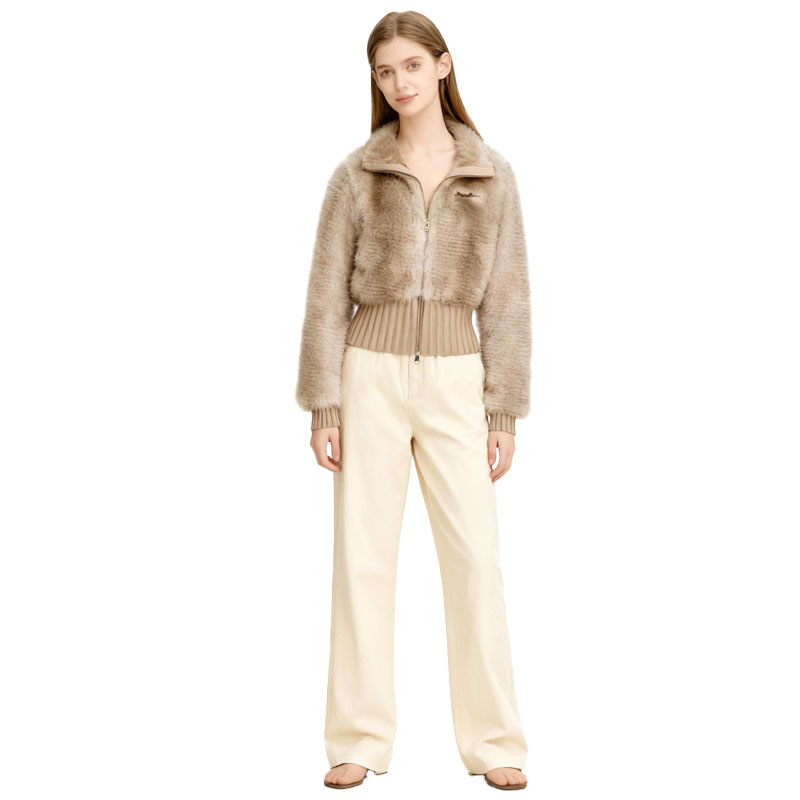 Taupe Faux Fur Knit Bomber Jacket with Ribbed Hem — image 3