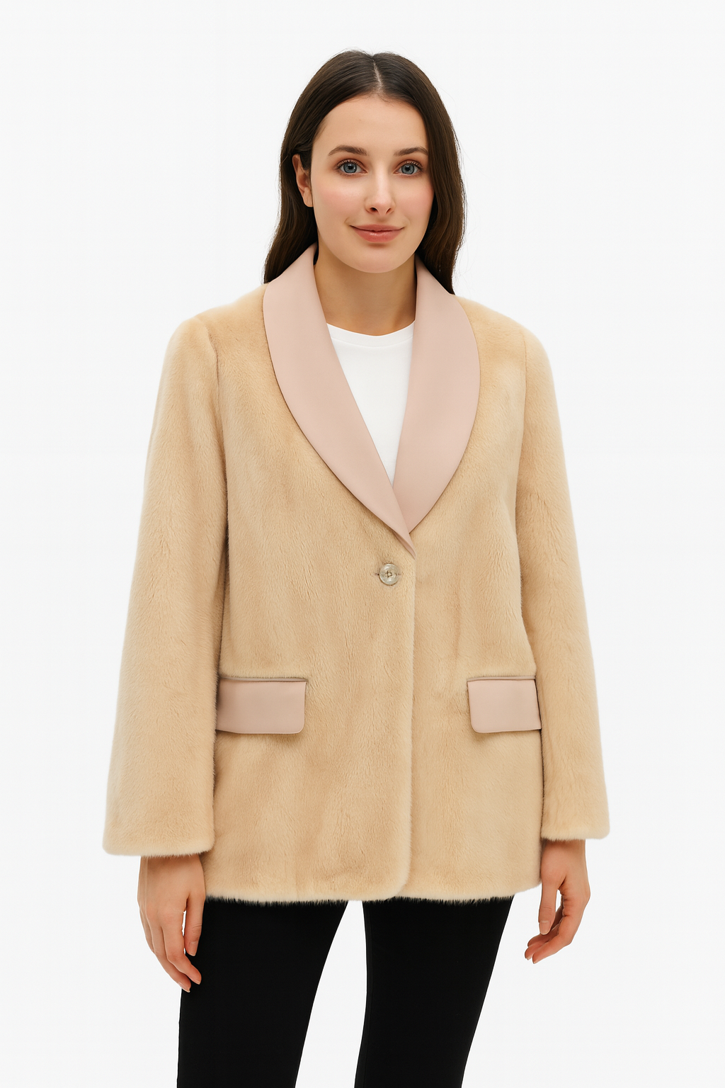 Faux Mink Coat with Contrast Satin Lapel – Understated Elegance