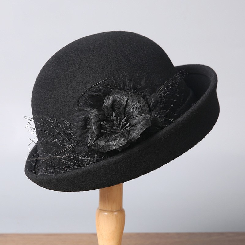 Ivory Wool Felt Cashmere Hat with Floral Appliqué & Veil Netting — image 5