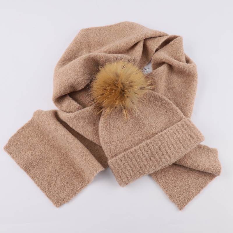 Genuine Raccoon Fur Pom Hat & Scarf Set – Soft Stretch Knit for Cozy Winter Wholesale — image 4