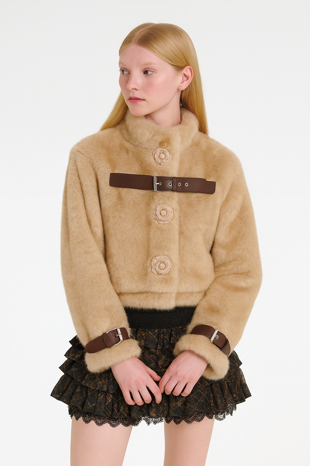 Y2K Cropped Faux Fur Jacket with Leather Buckle Straps